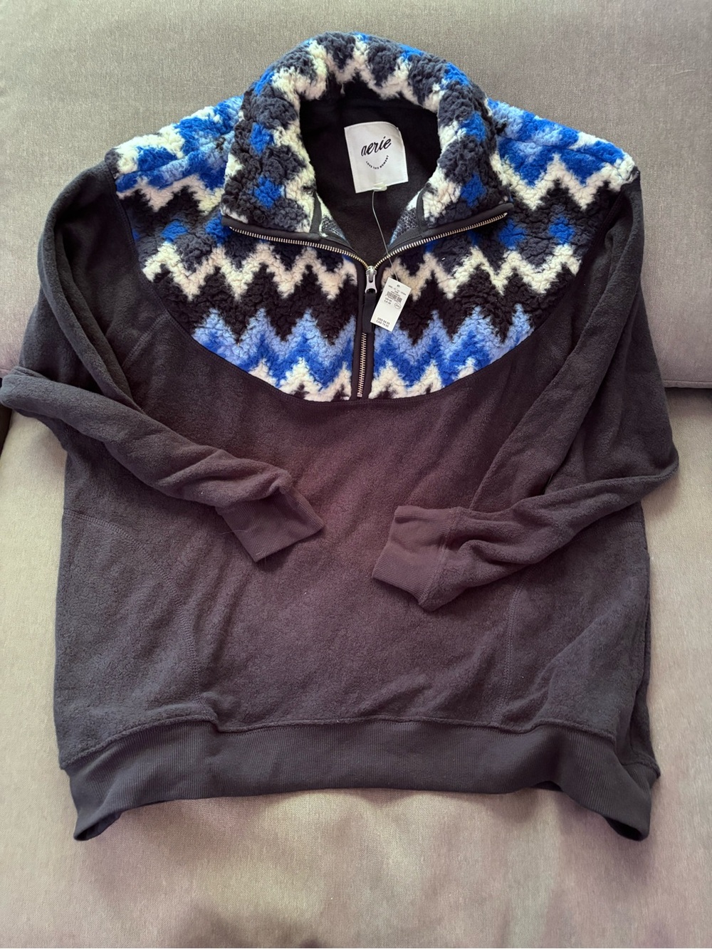 aerie Black Pullover Sweater with Blue and White Chevron Sherpa Yoke